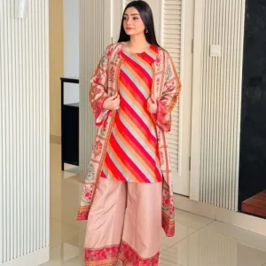 Dubai Silk 3D print Koti set orange